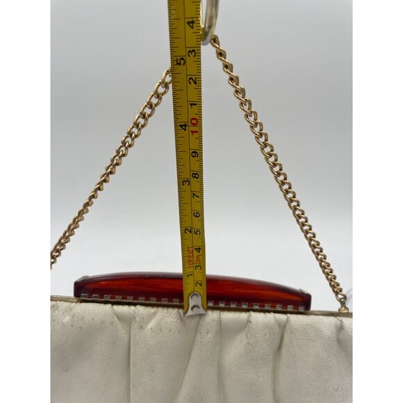 Vintage White Leather Clutch Purse Brown Lucite Handle & Gold Chain - Picture 10 of 13